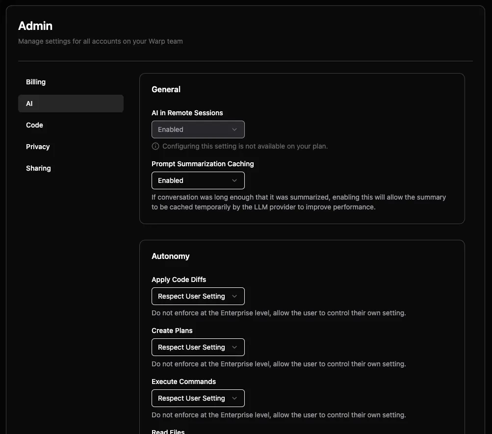 Admin Panel main interface with sections for AI, privacy, billing, code, and sharing settings
